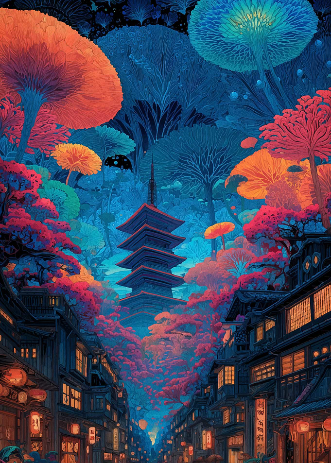 Japanese Pagoda and Street Scene