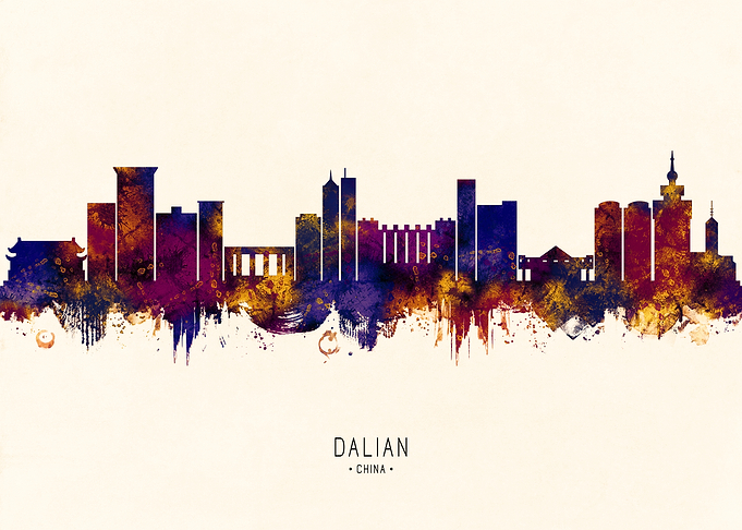 Dalian China Skyline Watercolor Silhouette