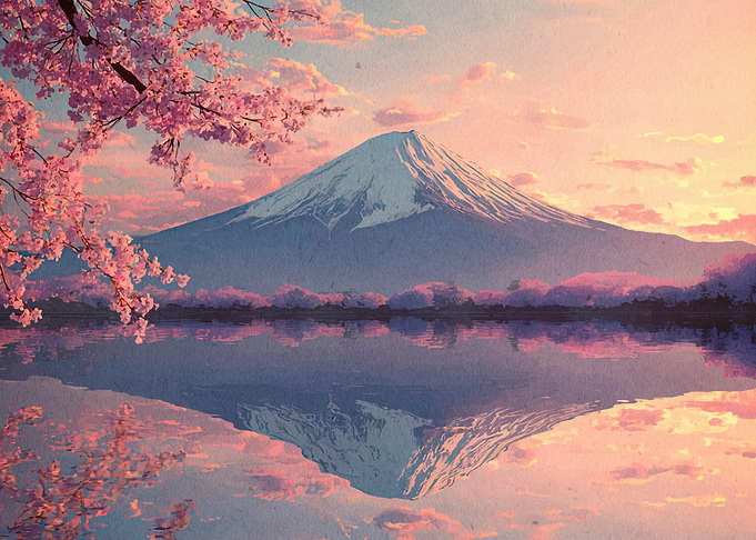 Mount Fuji and Cherry Blossoms Reflection