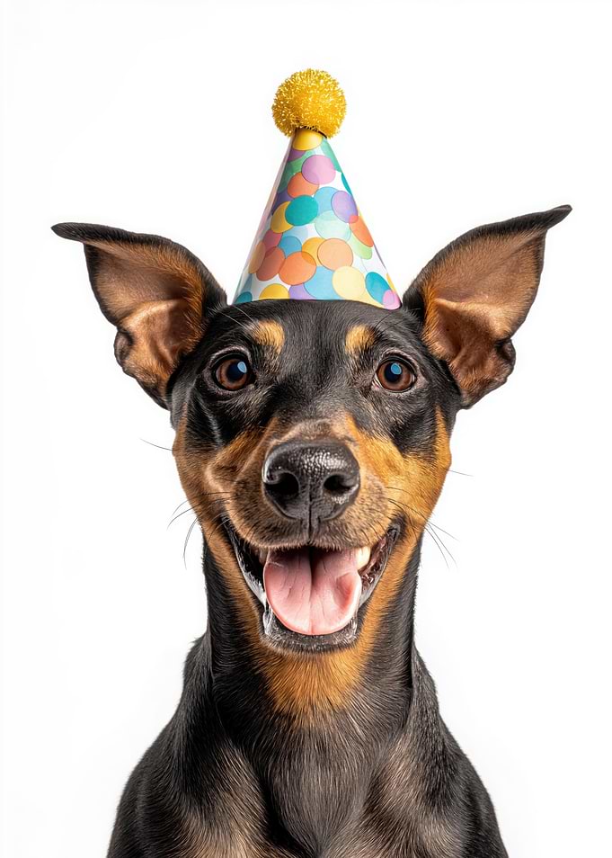 German Pinscher Dog with Party Hat Portrait
