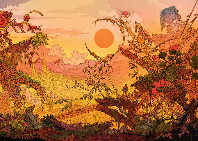 Fantasy Landscape with Figures and Ornate Structures