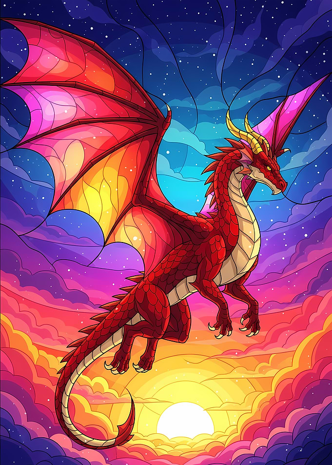 Red Dragon Soaring Through Colorful Sky