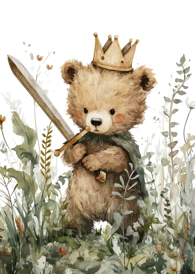 Watercolor Bear King with Sword