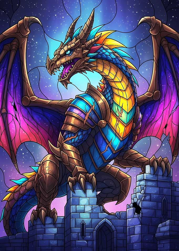 Colorful Dragon on Castle Ruins