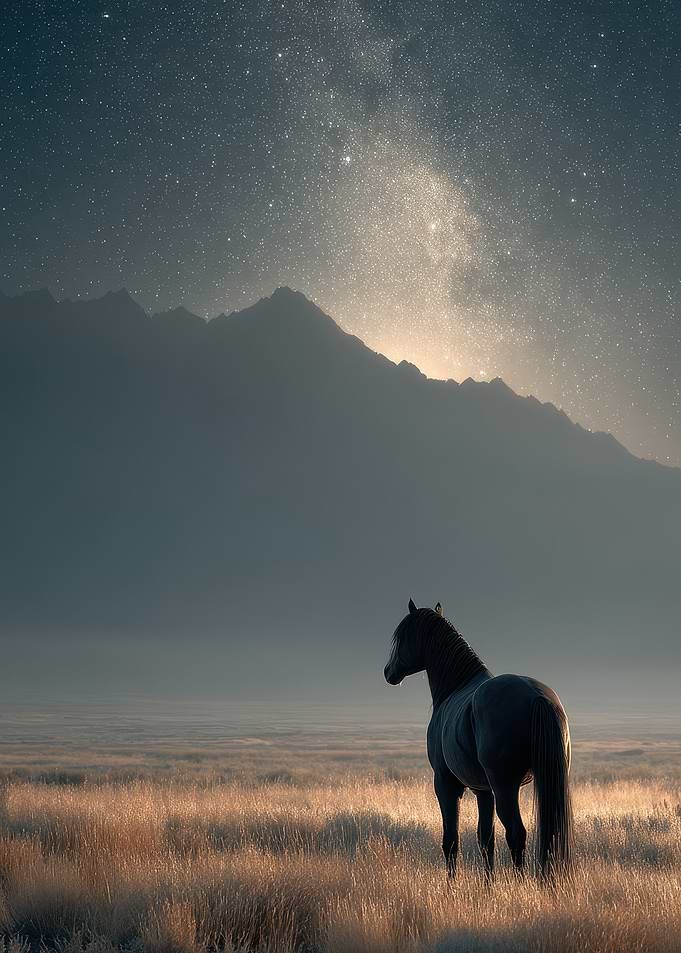 Horse under starry night landscape