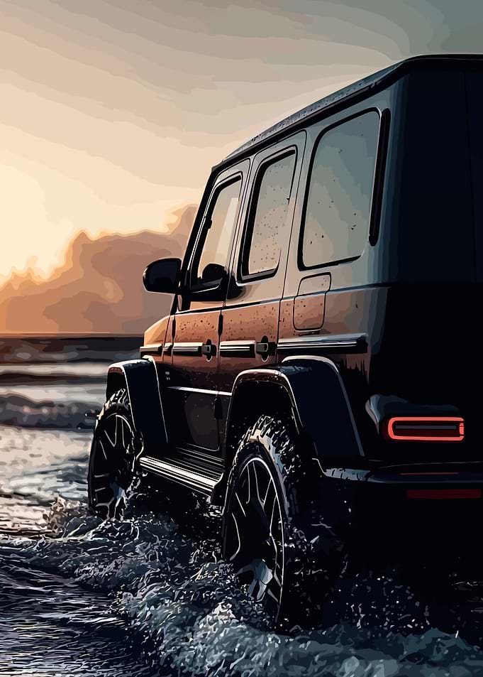 Black SUV on Beach at Sunset