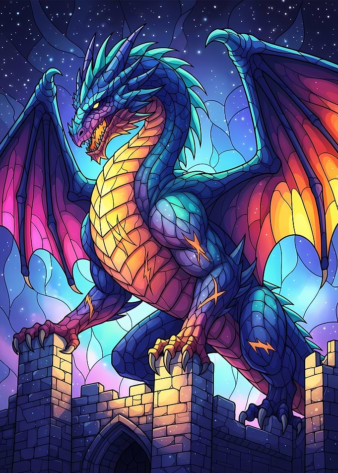 Dragon on Castle at Night