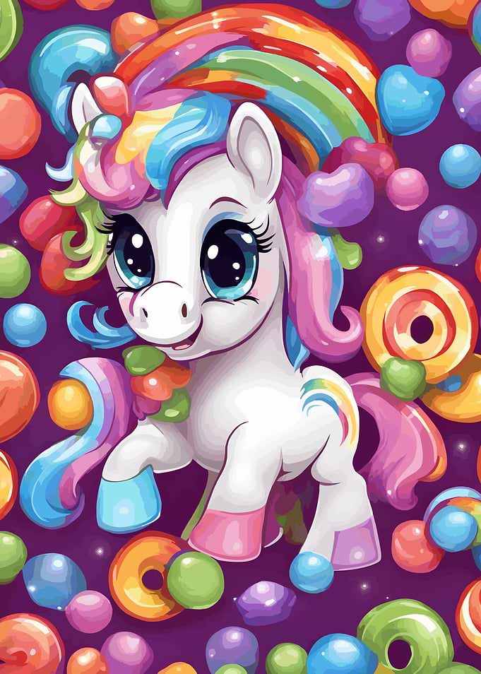 Cute Rainbow Unicorn with Candy Background