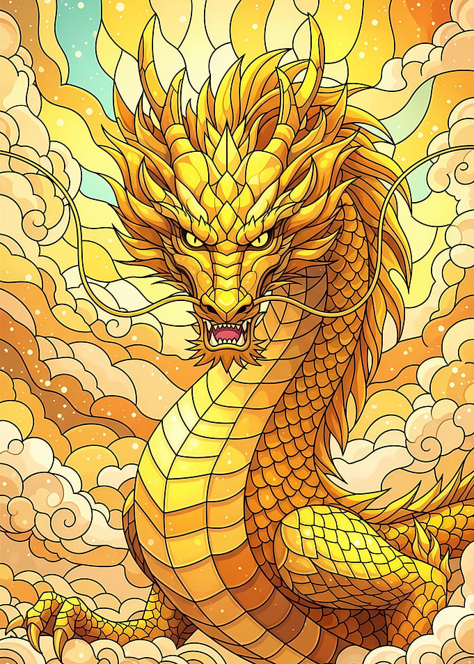 Golden Dragon in Cloudy Sky