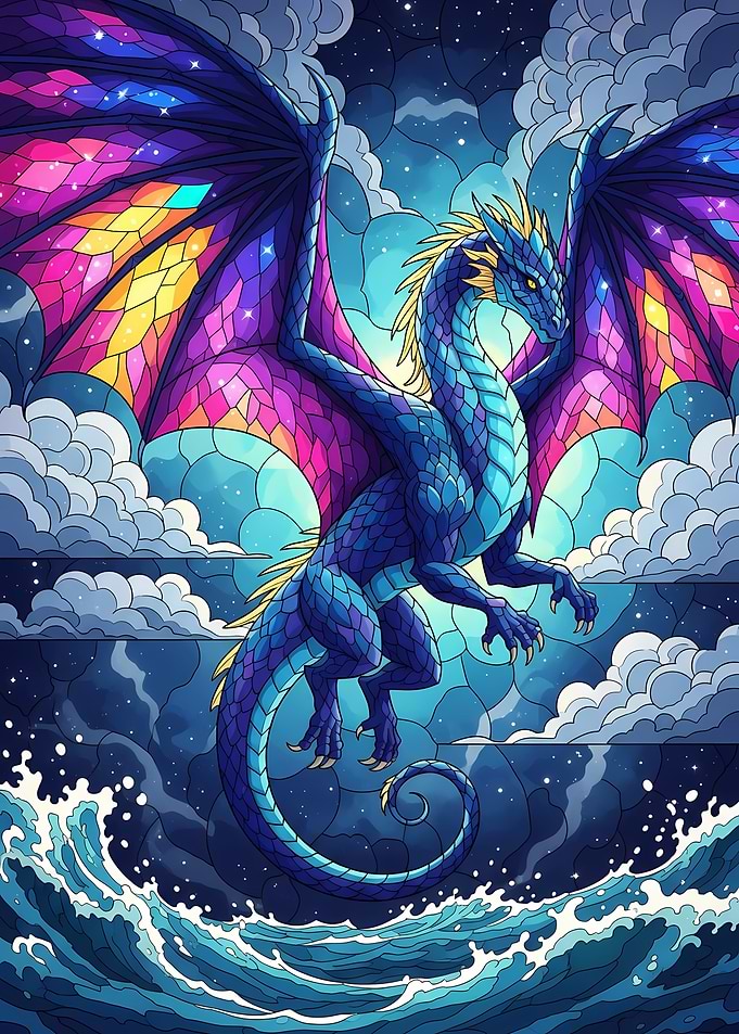 Stained Glass Dragon Over Ocean