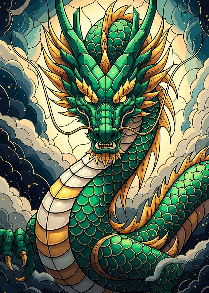 Green and Gold Dragon in Clouds