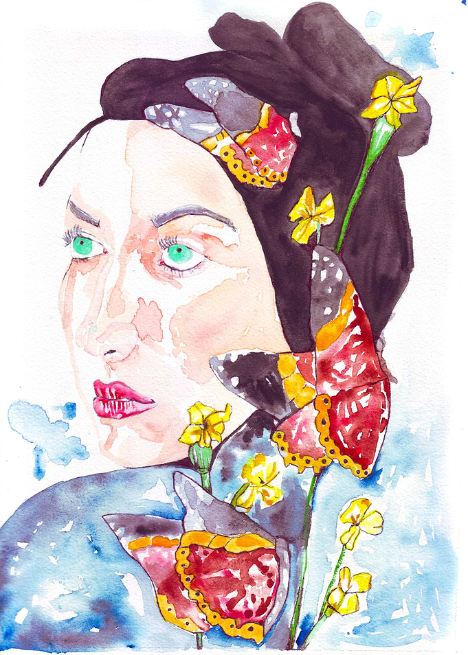 Watercolor Portrait with Butterflies and Flowers