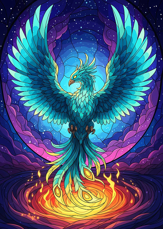Teal Phoenix Rising from Flames