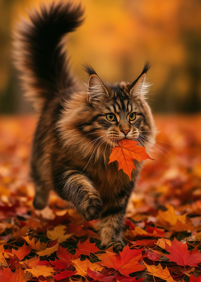 Maine Coon Cat in Autumn Forest