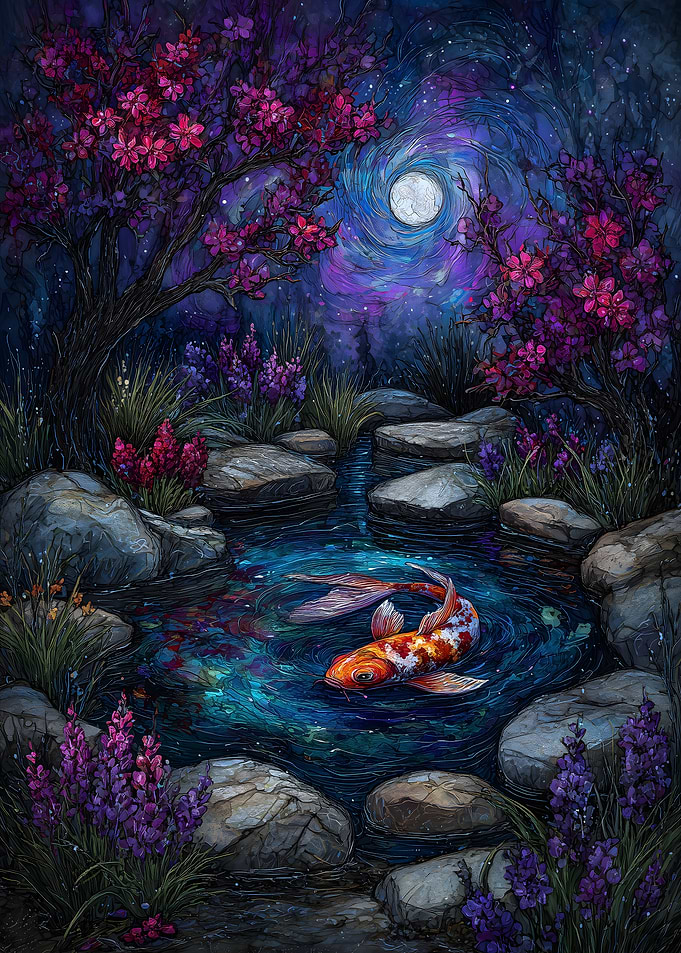 Koi Pond Under Moonlight