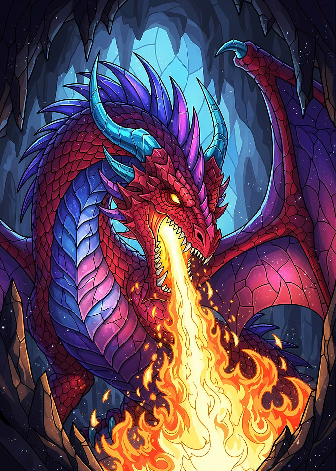 Red Dragon Breathing Fire in Cave