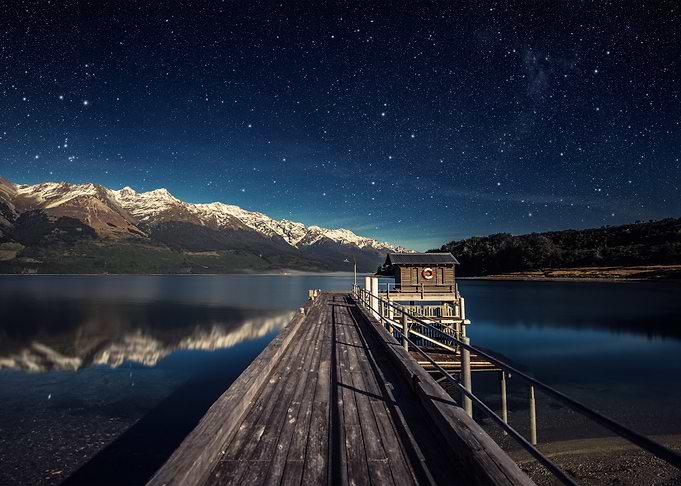 starry night lake and mountain view