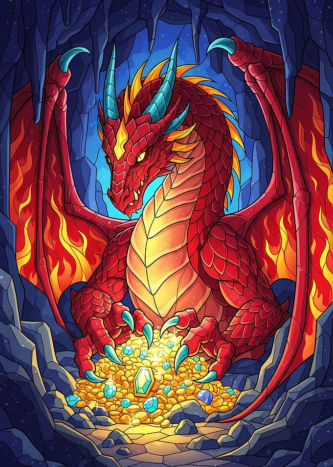 Red Dragon Hoarding Treasure in Cave