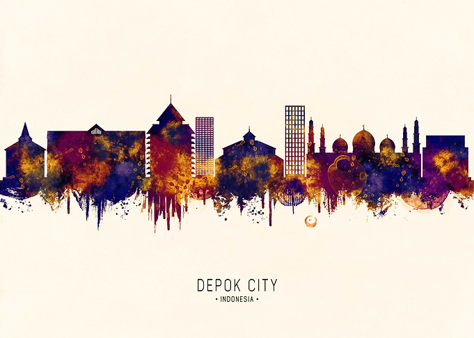 Depok City, Indonesia Skyline Watercolor