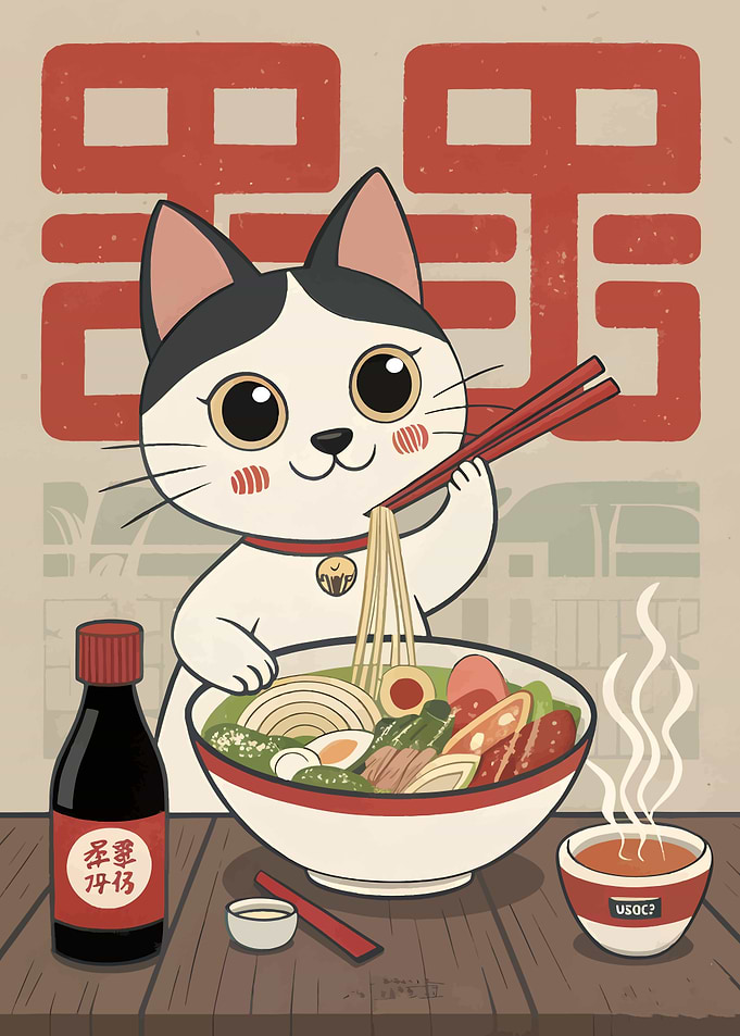 Cat Eating Ramen