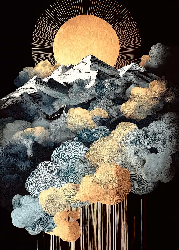 Mountain Peak with Clouds and Sun