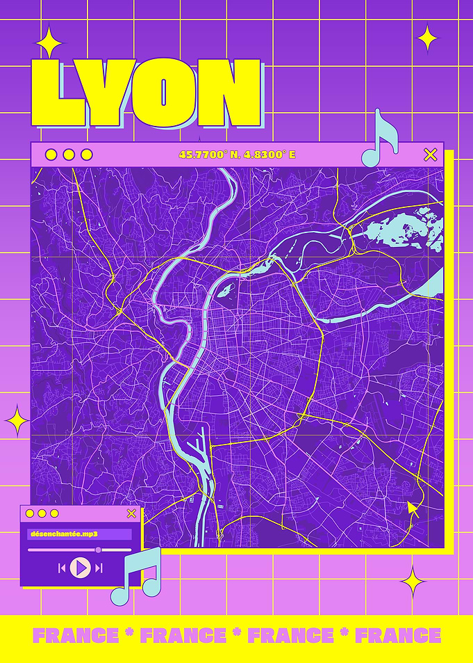Lyon France Map Retro Aesthetic