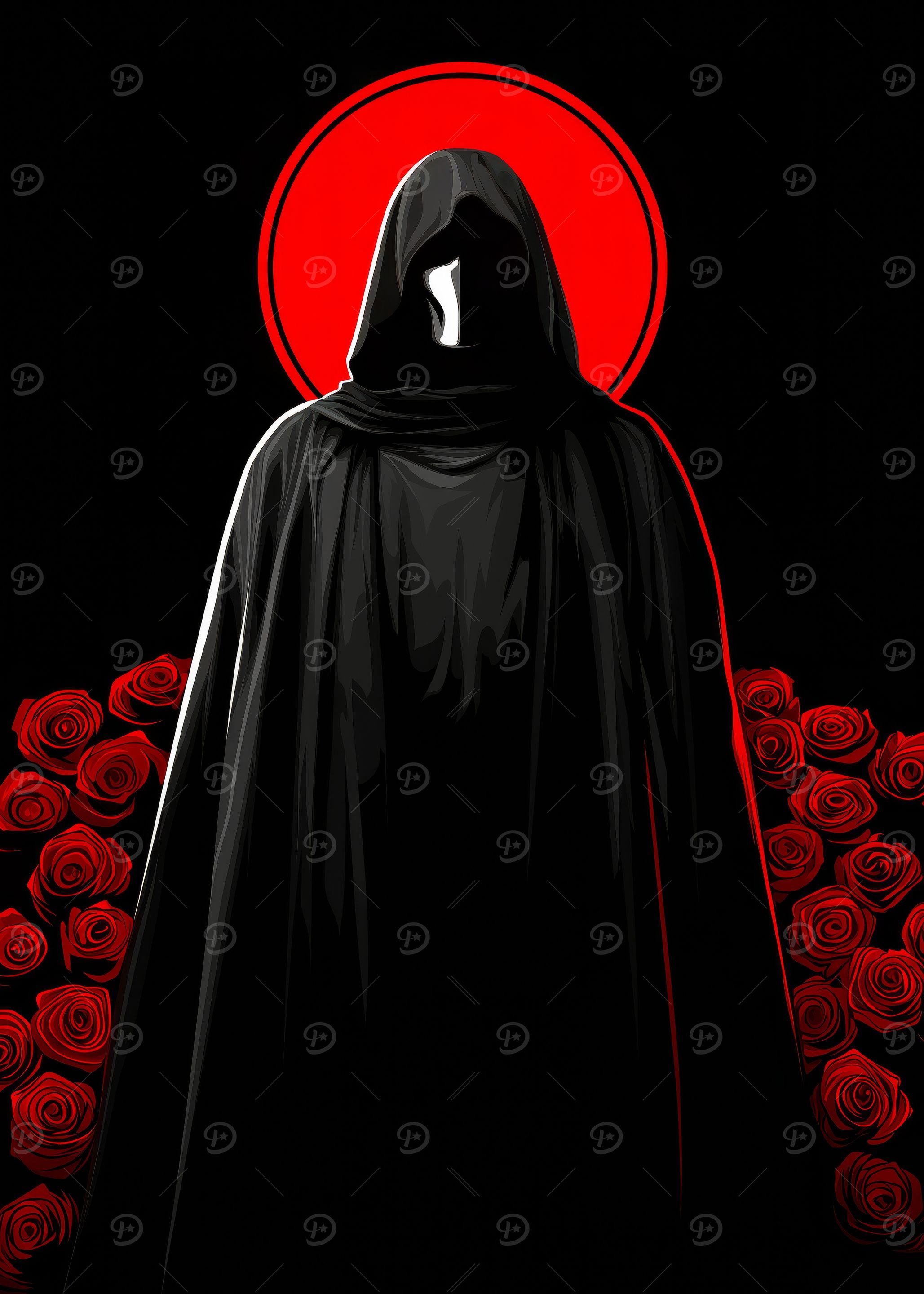 Cloaked Figure with Red Roses