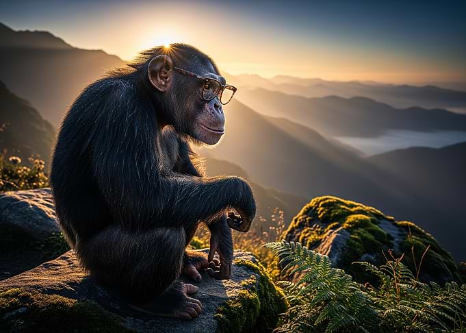 Contemplative Chimpanzee with Glasses at Sunrise