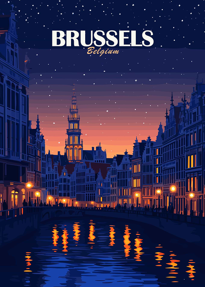 Brussels Belgium Night Cityscape Art