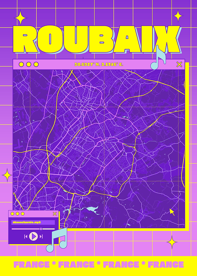 Roubaix France Map Retro Poster