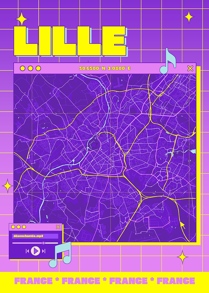 Lille France Map Retro Aesthetic
