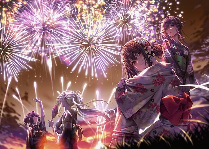 Girls in Kimonos with Fireworks