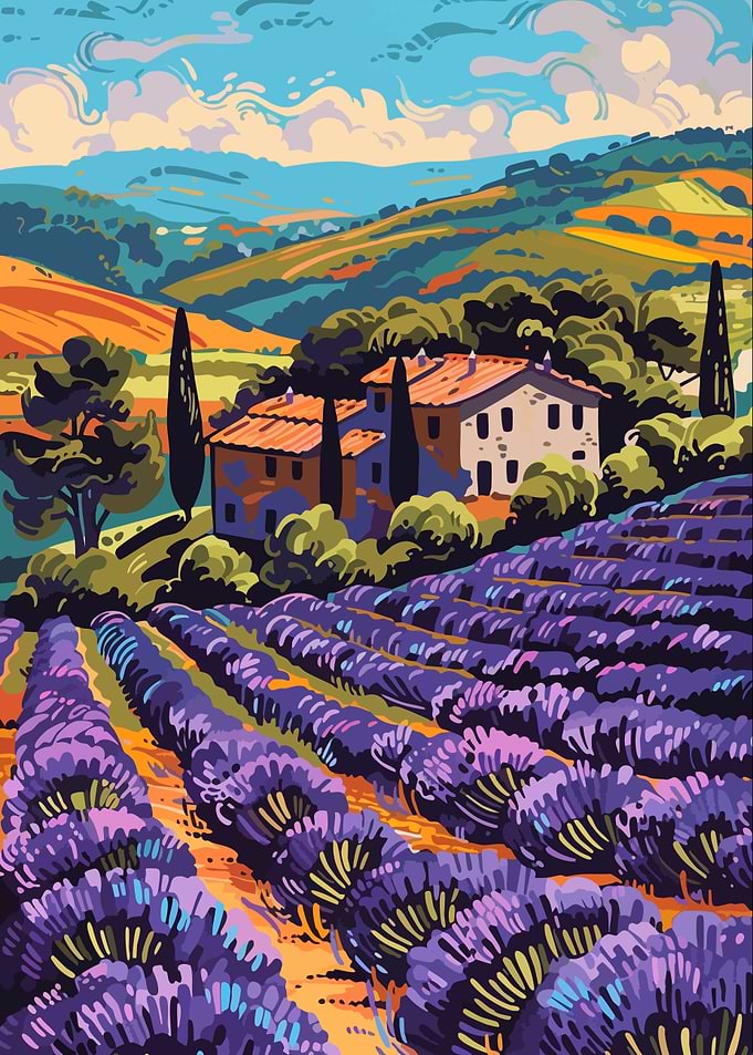 Lavender Field Tuscan Villa Abstract Minimalist Illustration