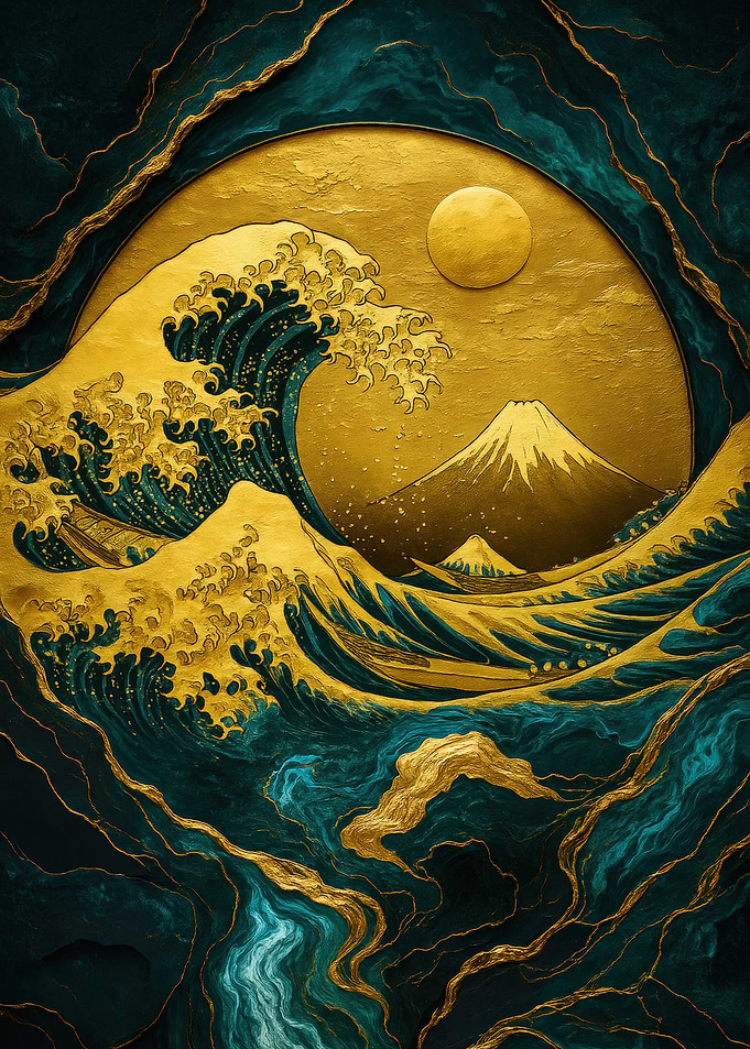 Golden Wave and Mountain Art