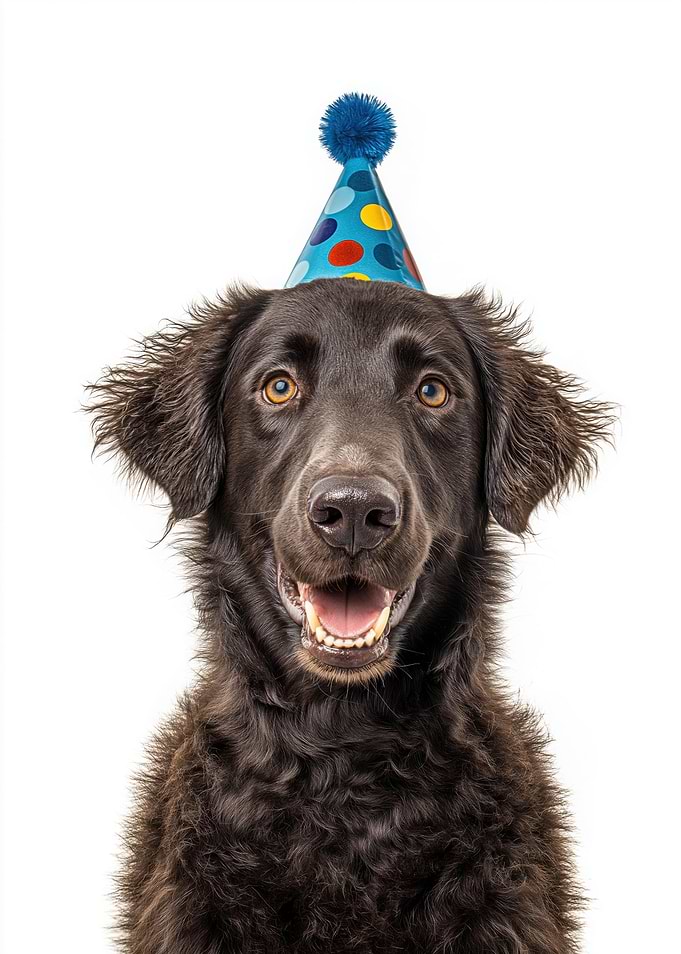 Curly-Coated Retriever Dog with Party Hat Portrait