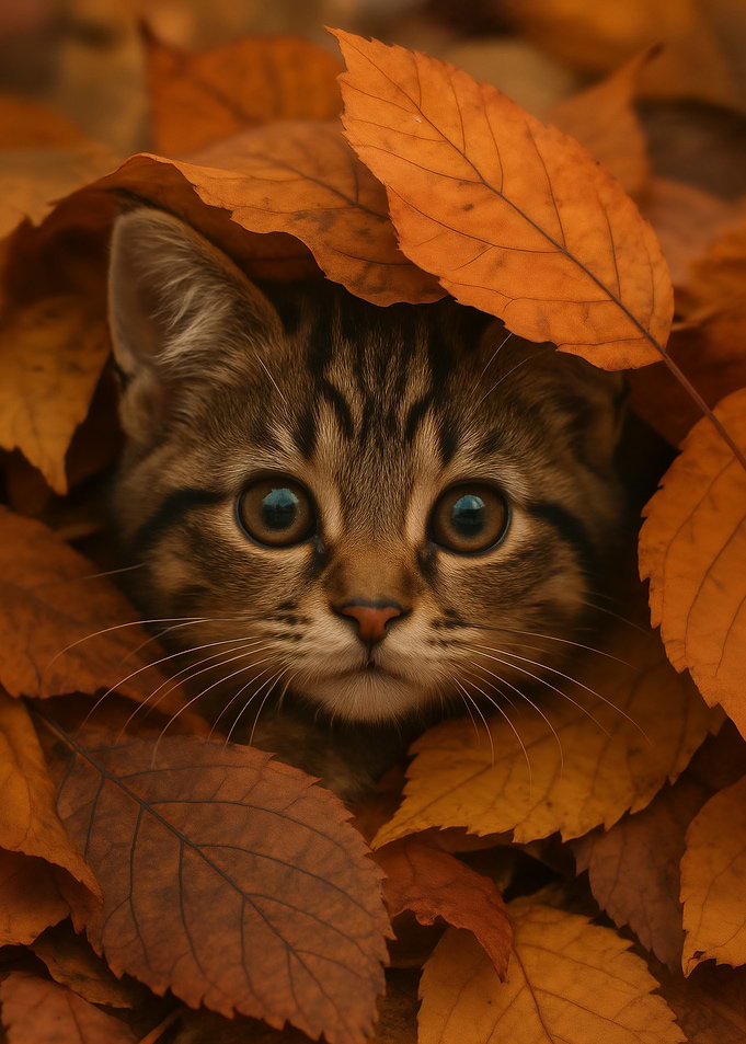 Cute Tabby Kitten Hidden in Autumn Leaves