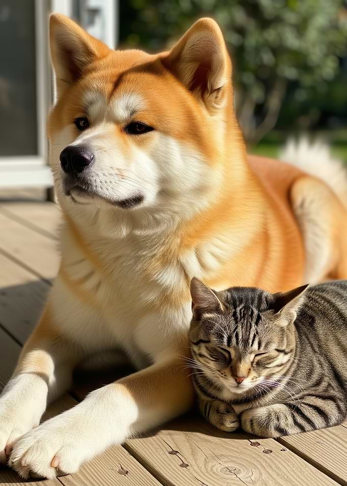Akita Dog and Cat Friendship Portrait