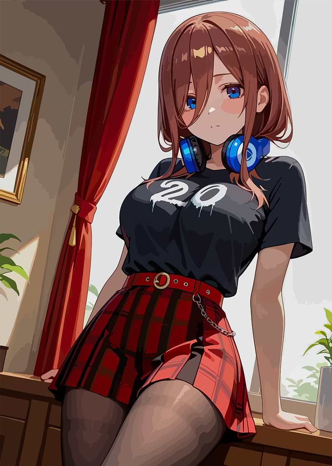 Anime Girl with Headphones and Plaid Skirt