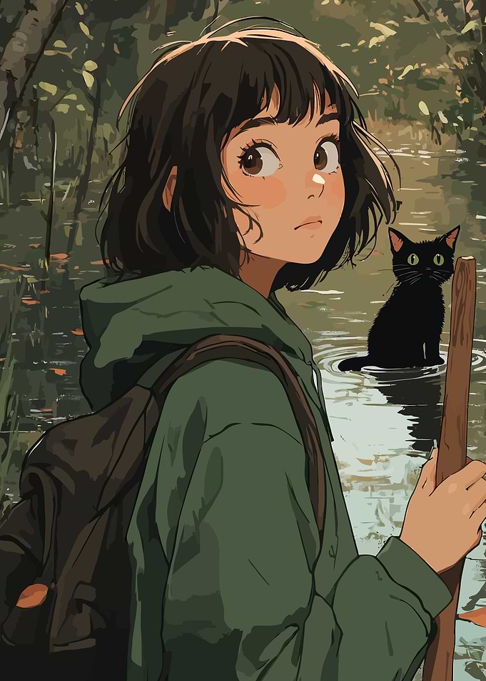 Girl and Black Cat in Forest Stream