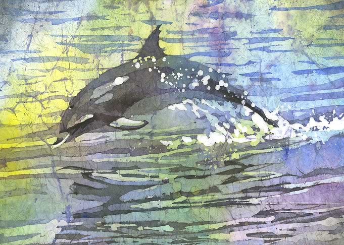 Watercolor Dolphin Leaping from Ocean Batik Artwork