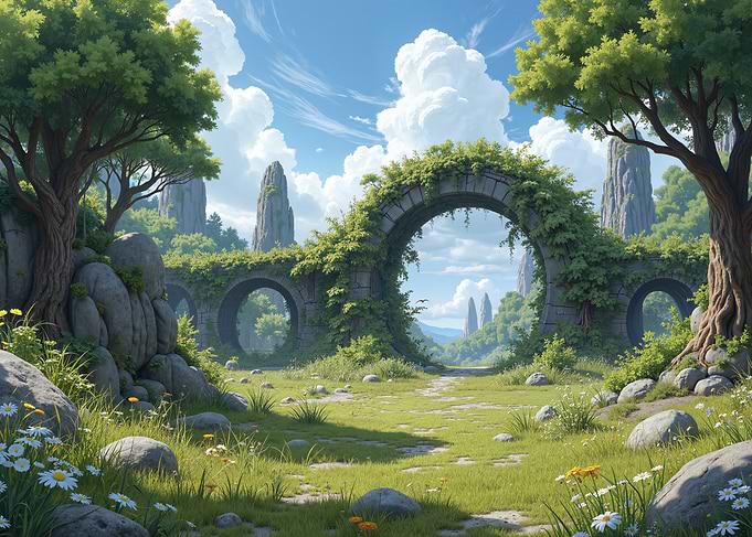 Overgrown Stone Arches in a Green Landscape