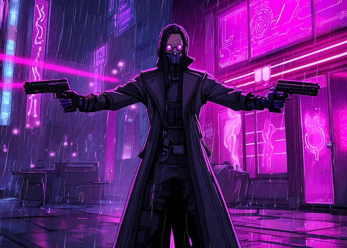 Cyberpunk Vigilante in Rainy Cityscape