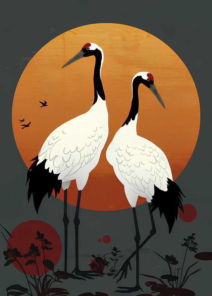Japanese Cranes with Rising Sun Illustration
