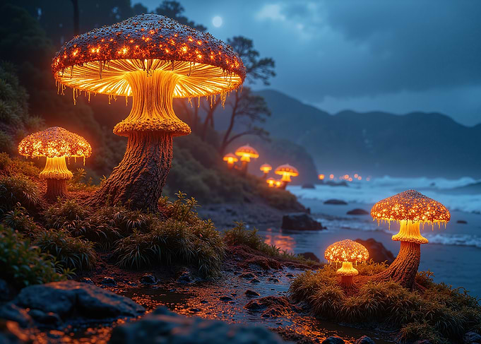 Glowing Mushroom Landscape at Dusk