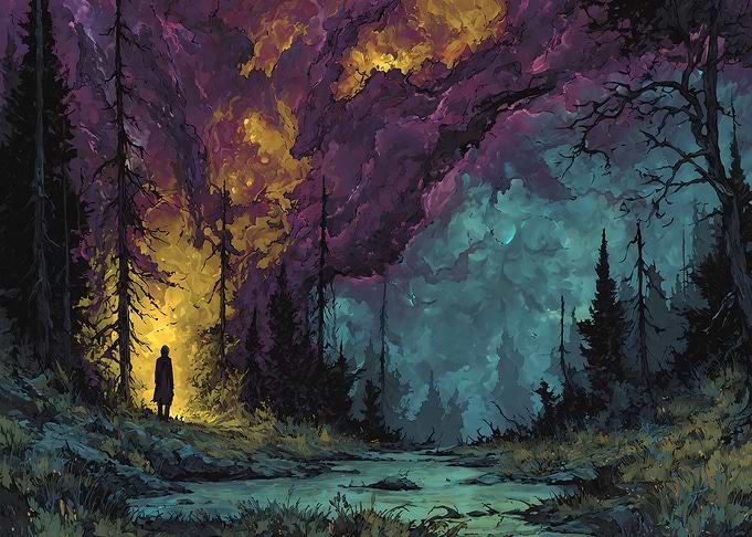 Person in Forest with Colorful Sky