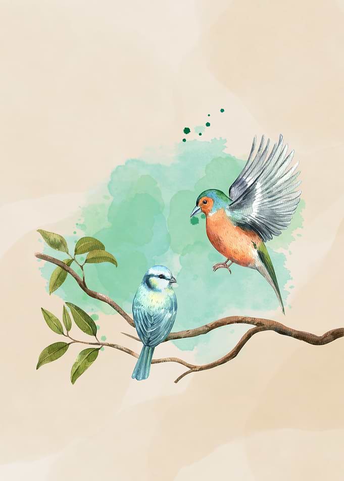 Watercolor Birds on Branch Illustration