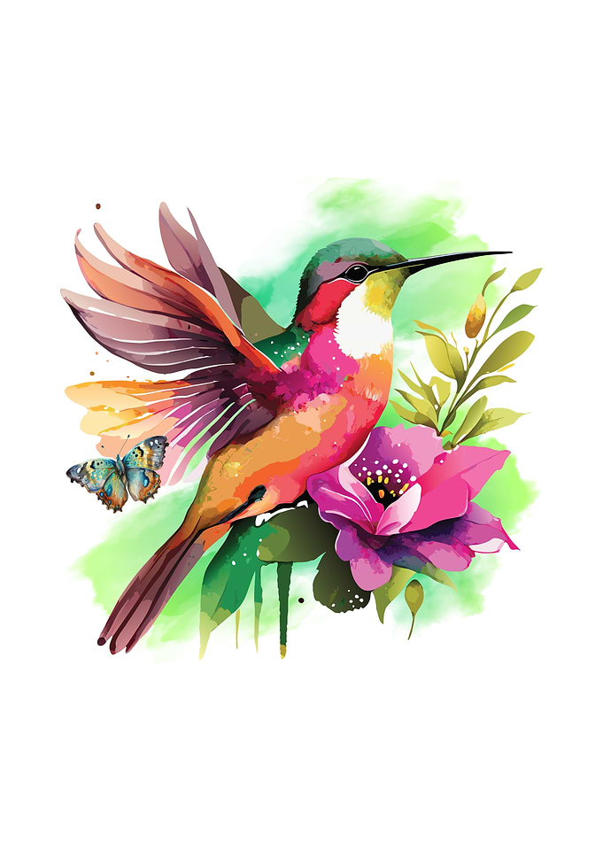 Watercolor Hummingbird with Butterfly and Flower