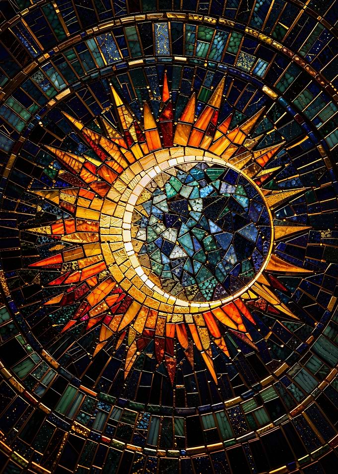 Solar Eclipse Mosaic - Radiant Sun and Moon Stained Glass
