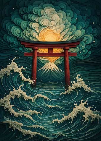 Japanese Torii Gate and Ocean Waves