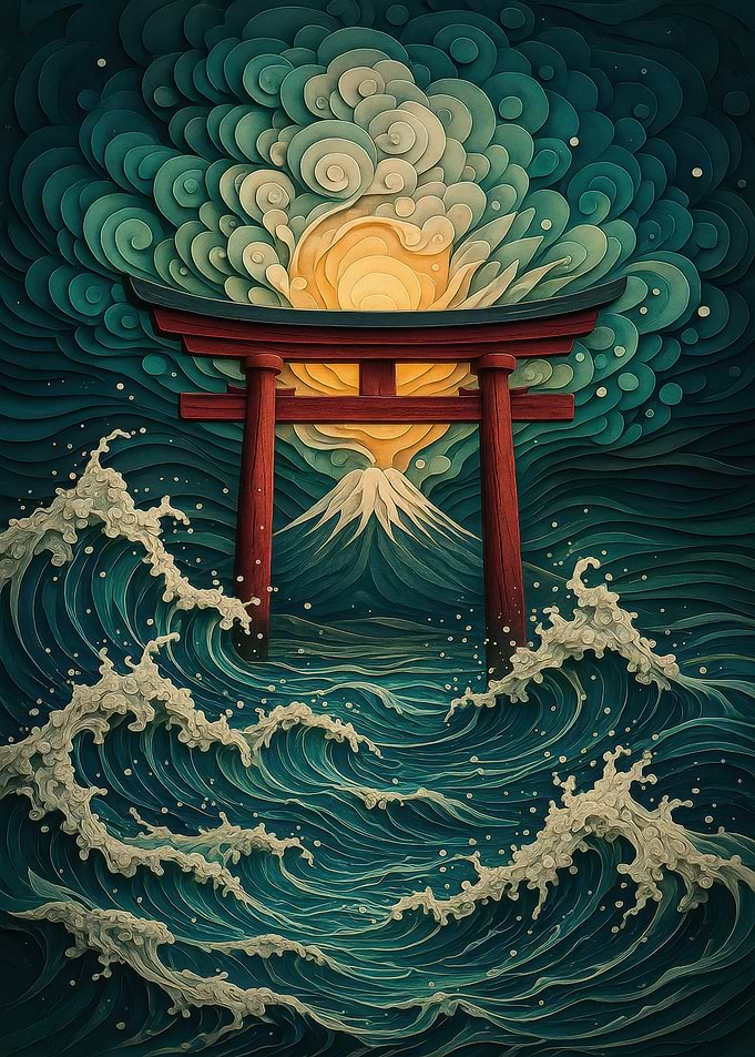Japanese Torii Gate and Ocean Waves